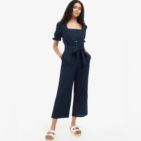 Barbour Navy leilani linen blend square neck puff sleeve Jumpsuit 14 - Picture 1 of 15